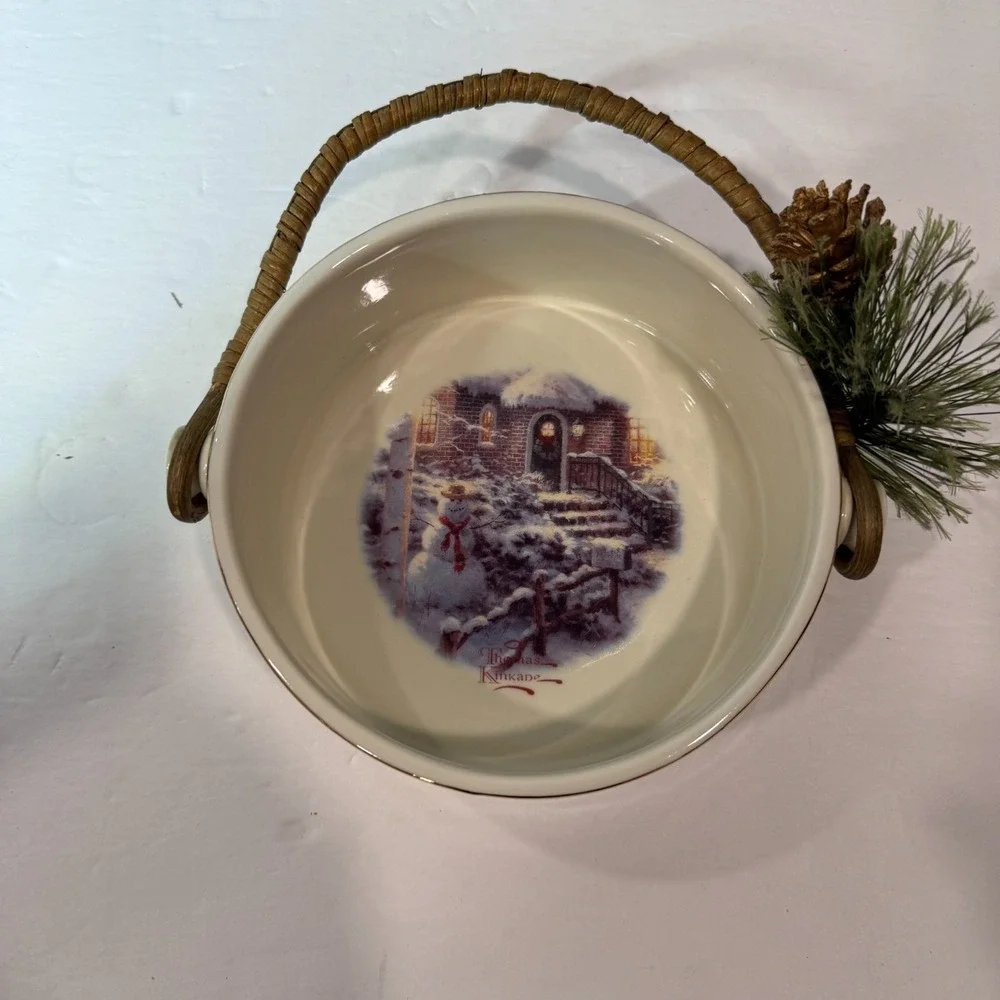 Thomas Kinkade Village Christmas Snowman Bowl Vintage 2000 Holiday Decor